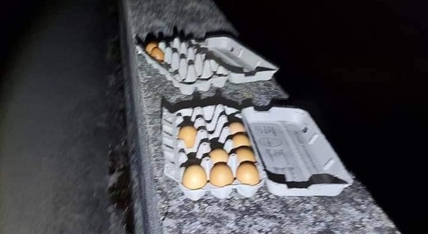 Le uova lasciate sul parapetto della passerella all'arrivo della polizia locale