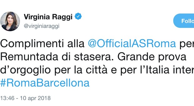 Virginia Raggi esalta la Roma: «Prova d'orgoglio per la città e per l'Italia intera»