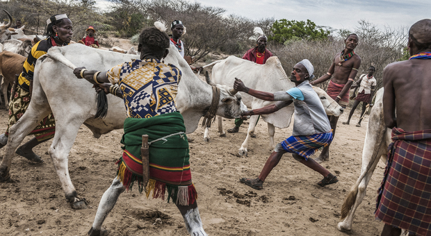 Uomini della comunità etiope Hamar pascolano il bestiame nel villaggio di Turmi. Uno scatto del 2012 di Fausto Podavini per il suo progetto "Omo Change".