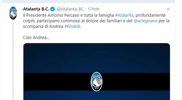 Andrea Rinaldi morto, il dolore dell'Atalanta: «Il tuo sorriso gentile resterà sempre con noi»