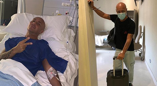 A sinistra Gianluca Manzieri nel suo letto d'ospedale subito dopo l'operazione, a destra lo speaker fa il suo rientro a casa