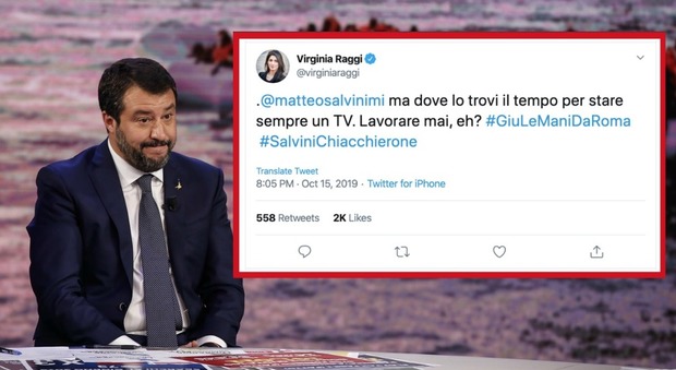 Virginia Raggi attacca Salvini: « dove lo trovi il tempo per stare sempre in TV. Lavorare mai, eh?»