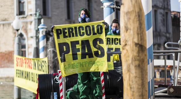 Manifestanti di Greenpeace contro l'inquinamento da Pfas