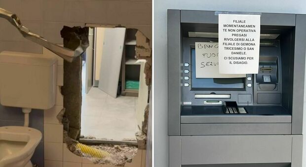 Colpo da film in banca a Buja: calati dal tetto della pizzeria, sfondano il muro del bagno e assaltano il bancomat