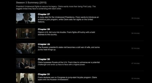 Lo screenshot di Netflix dove compaiono le puntate della terza stagione di house of Cards pubblicato da Quartz