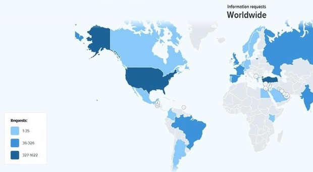la mappa delle richieste di informazioni paese per paese pubblicata da Twitter Transparency