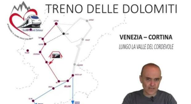 Il tracciato ipotizzato da Stefano Dell'Osbel per collegare la linea ferroviaria da Belluno e Cortina passando per Agordo