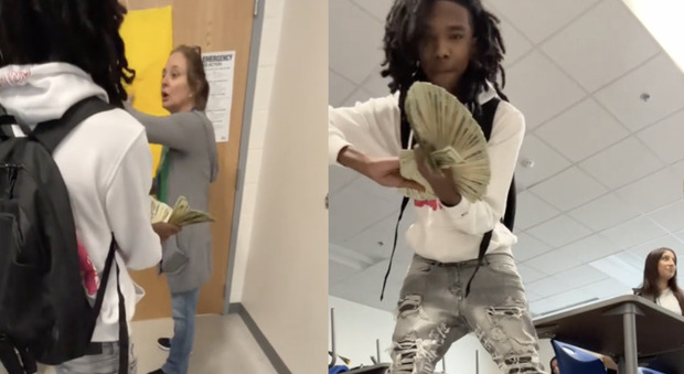 Studente arriva in classe con un mucchio di banconote e sfida la prof: «Con questi soldi pago il tuo stipendio»