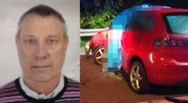 La vittima Pier Giorgio Borga, 74 anni, e l'auto dopo l'incidente mortale