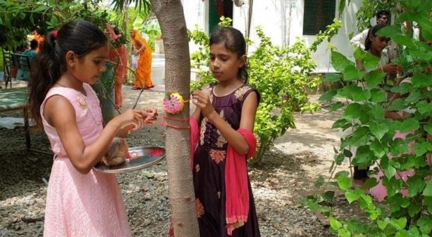 bambine che addobbano un albero a Piplantry (India)