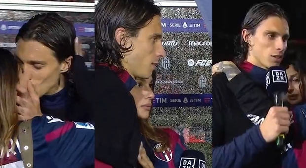 Calafiori intervistato dopo Bologna-Juve: la fidanzata irrompe in diretta e lo bacia