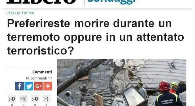 «Preferiresti morire in un attentato terroristico o a causa di un terremoto?»: il sondaggio delle polemiche