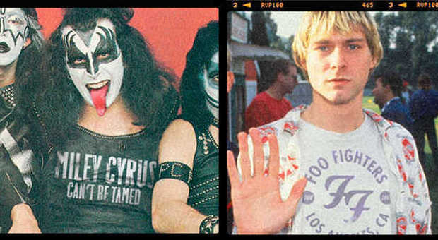 Gene Simmons dei Kiss con la T-shirt di Miley Cyrus; Kurt Cobain dei Nirvana dei Foo Fighters