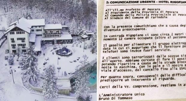 Rigopiano, la mail del proprietario dell'hotel alle autorità: «Clienti terrorizzati, preparate intervento»