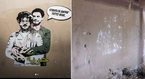 Roma, rimosso il murales con l'abbraccio Zaky-Regeni. La street artist Laika: «Faceva così tanta paura?»