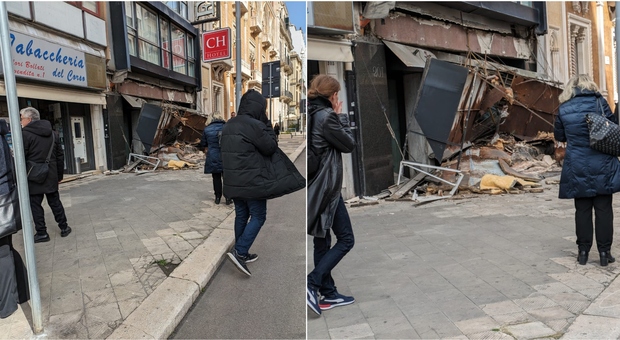 Crolla una pensilina in pieno centro a Bari sotto gli occhi dei passanti: paura in corso Vittorio Emanuele