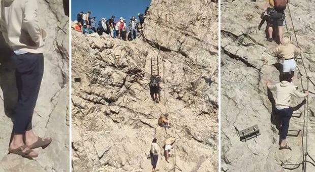 Turista con le Birkenstock sulla ferrata, il video fa discutere. Gli  esperti: �Poca consapevolezza dell'ambiente che si frequenta�