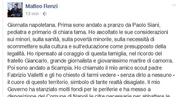 Renzi su Fb: colpito dal coraggio della famiglia Siani