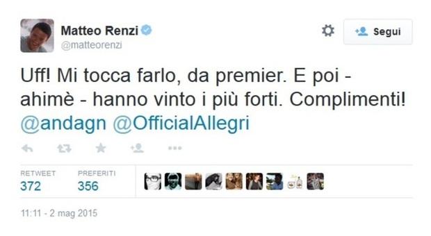 I complimenti di Renzi su twitter: «Mi tocca farlo da Premier, ahimè hanno vinto i più forti»