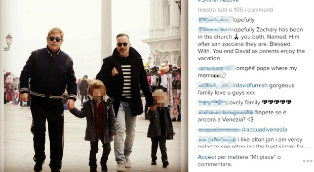 Elton John a Venezia con tutta la famiglia: «Così felice»