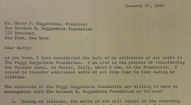 L'inizio della lettera scritta da Peggy Guggenheim