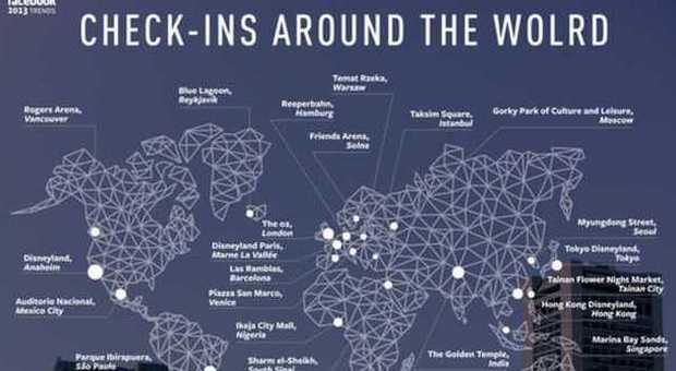 La mappa mondiale dei luoghi più 'spottati' (Facebook)