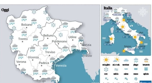 Meteo, le previsioni in Veneto e Fvg: piogge e nebbie in arrivo. Scendono la quota neve e le temperature
