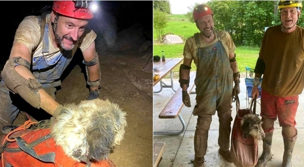 Rick Haley e Gerry Keene insieme al cane trovato nella grotta (immagini diffuse da Rick Haley sulla propria pagina Fb)