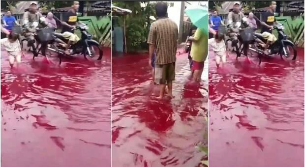 Indonesia, alluvione allaga la fabbrica di coloranti: strade invase da un fiume rosso
