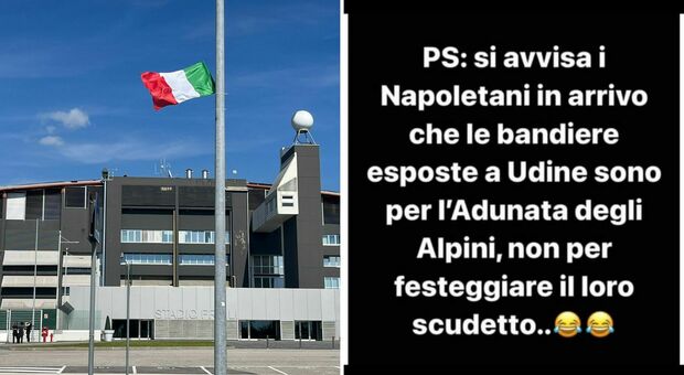 A Udine sventola il tricolore, l'ironia sui social: «Bandiere per gli Alpini, non per lo scudetto del Napoli»
