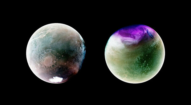 Le nuove immagini ultraviolette di Marte sono state scattate nel luglio 2022 (sinistra) e nel gennaio 2023 (destra) quando il pianeta rosso si trovava rispettivamente più vicino e più lontano dal Sole Photo Credits: NASA/LASP/CU Boulder