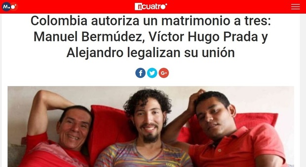 Colombia, celebrato il primo matrimonio omosessuale a tre (Cuatro.com)