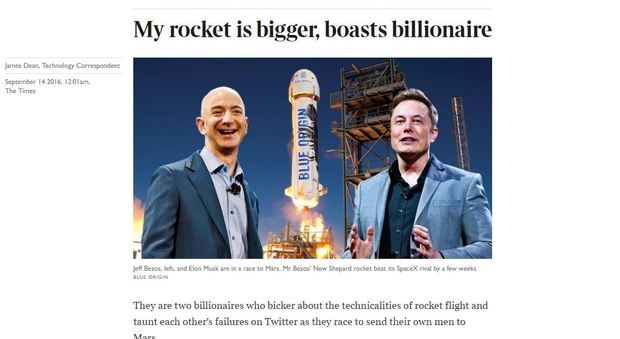 La sfida fra i miliardari Elon Musk e Jeff Bezos: «Il mio razzo è più grande del tuo»