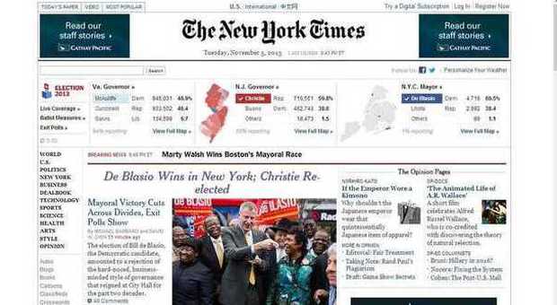 De Blasio sindaco di New York, la notizia sui più importanti siti di informazione internazionali