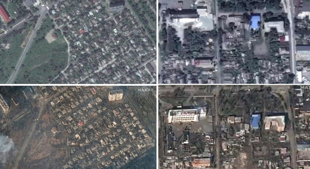 Ucraina prima e dopo i bombardamenti: la distruzione delle città attraverso le immagini satellitari