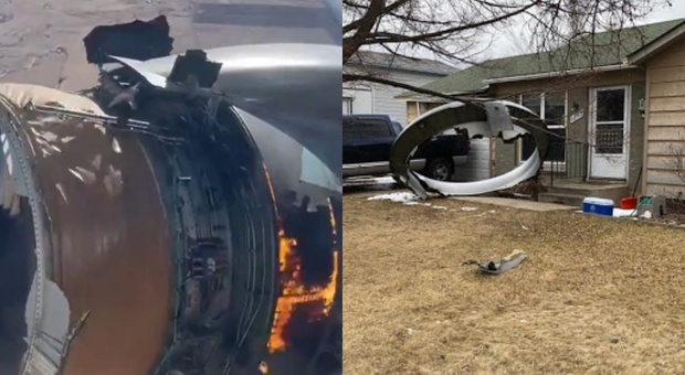 Denver, aereo passeggeri perde motore in fiamme: i detriti cadono nei giardini delle case