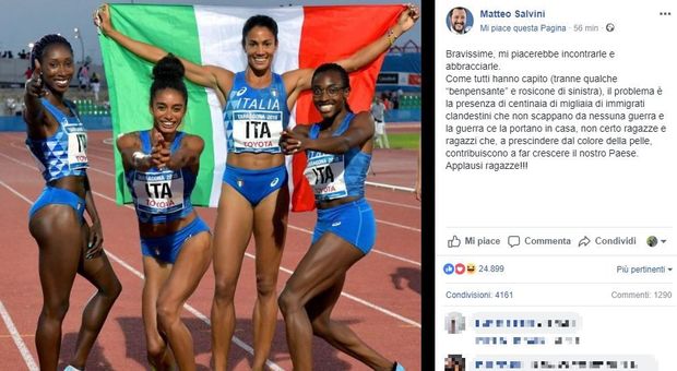 Staffetta azzurra, il post di Salvini dopo la polemica: «Brave ragazze, mi piacerebbe abbracciarvi»