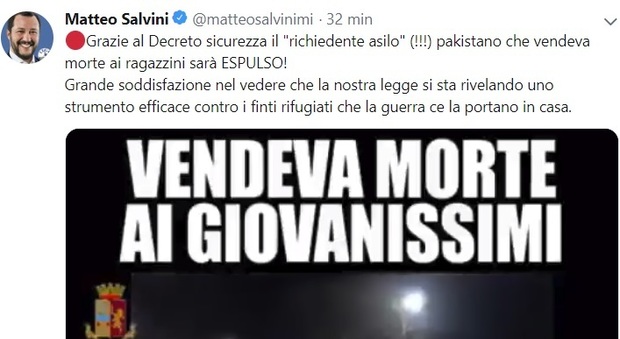 Pusher richiedente asilo, Salvini su Twitter: «Vendeva morte, sarà espulso»