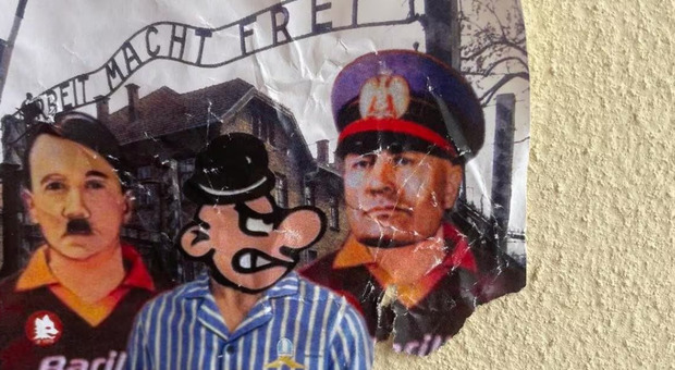 Adesivi antisemiti a Portonaccio: Hitler e Mussolini con la maglia della Roma, la mascotte della Lazio con il pigiama a righe