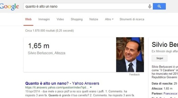 "Quanto è alto un nano?", la risposta incredibile su Google: spunta Berlusconi