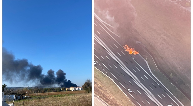 Incendio in autostrada, Tir in fiamme: paura a Centinarola vicino alla Flaminia (foto Cristiano Canali)