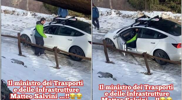 Salvini e il video del sosia sulla Tesla con le catene bloccato sulla neve, il ministro risponde: «È un fake, non ne ho mai avuta una»