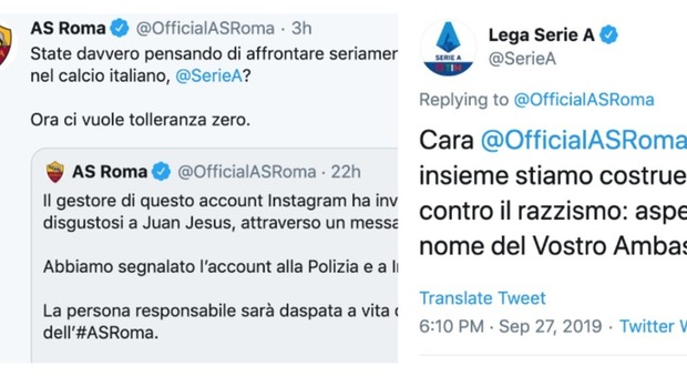 Razzismo, scontro social tra la Roma e la Lega Serie A: «Ora ci vuole tolleranza zero». La risposta è polemica e i tifosi attaccano