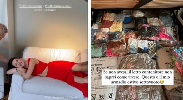 Aurora Ramazzotti, posa sexy sul divano: «Pausa massaggio». Poi mostra gli abiti 'sottovuoto' dentro il letto