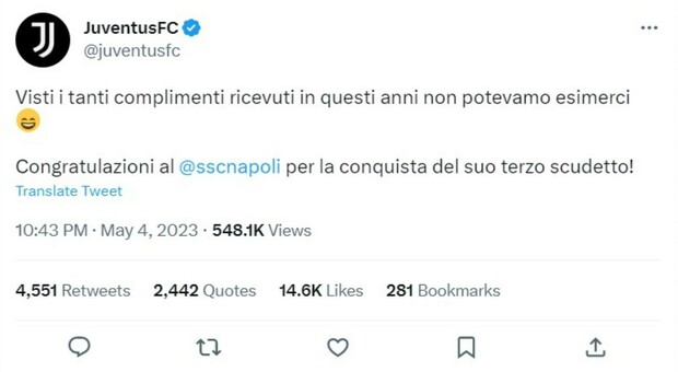 Napoli campione d'Italia, il tweet con i complimenti (e la frecciatina) della Juventus: «Non potevamo esimerci»