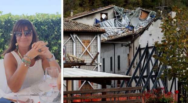 Mirella Grattarola e una vista dei danni del terremoto a Ussita