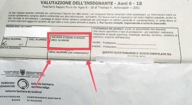 Questionario Asl Bolzano chiede la «razza» dell'alunno, il dg si scusa: «Errore di traduzione»