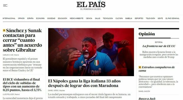 Il sito di El Pais con la celebrazione dello scudetto del Napoli
