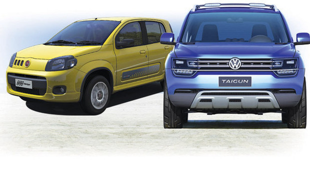 A sinistra la Fiat nuova Uno in versione Interlagos, a destra il concept Taigun esposto da Volkswagen