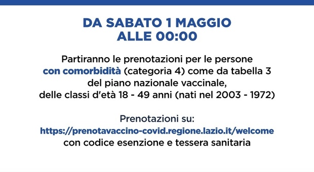 Prenotazione vaccini Lazio, da domani al via per chi ha più di 18 anni con patologie